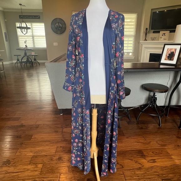 Express Maxi Dress Women's Small Blue Floral Long Roll Tab Sleeves Button Front - Picture 5 of 16